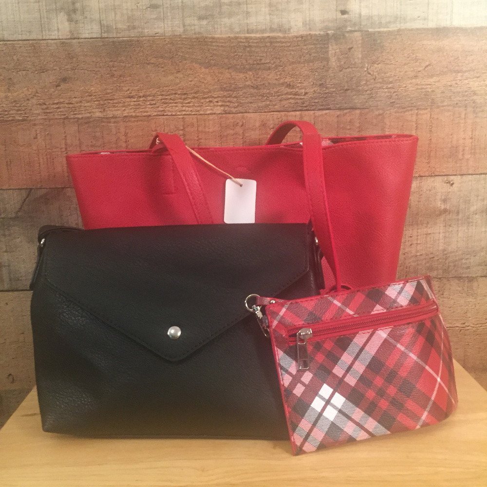 3 in 1 Hand Bag Bundle Red Faux Leather Tote NWT
